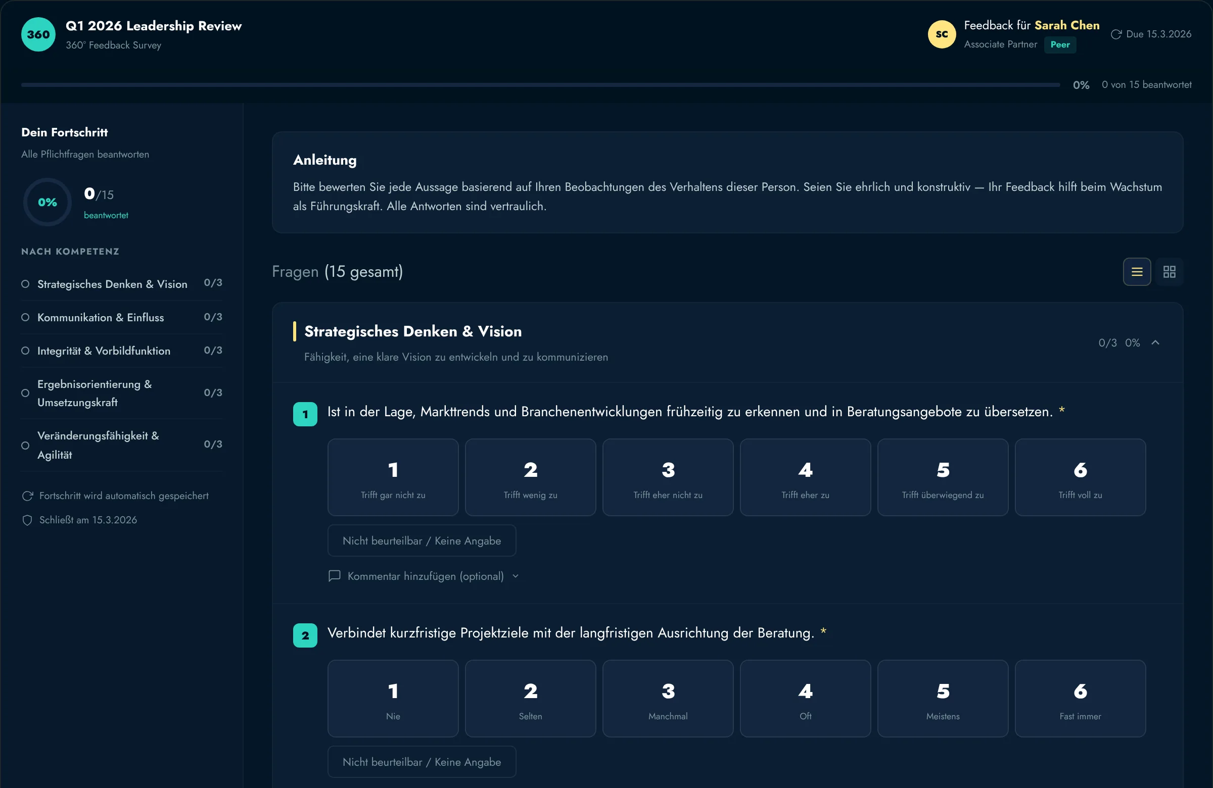 Fragebogen von LEADBeyond 360° aus Sicht einer feedbackgebenden Person